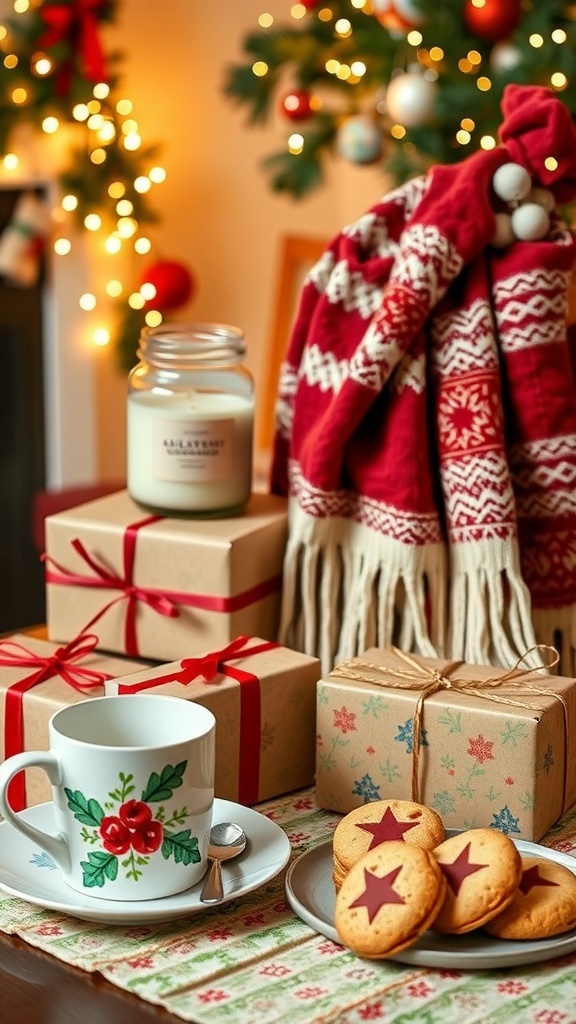 A variety of homemade Christmas gifts including candles, a scarf, a mug, and baked cookies in a festive setting.